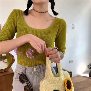 复古芥末黄绿色粉蓝方领紧身弹力显胸女半袖T恤超a针织衫内搭上衣