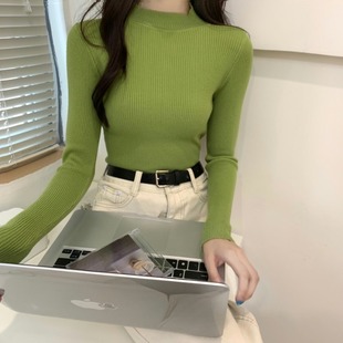 复古芥末黄绿雾蓝半高领长袖针织毛衣女百搭打底衫弹力修身上衣秋