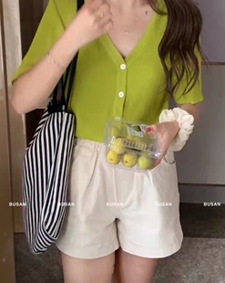 复古芥末黄绿梅子色V领单排扣短袖冰丝针织开衫女修身显瘦上衣夏