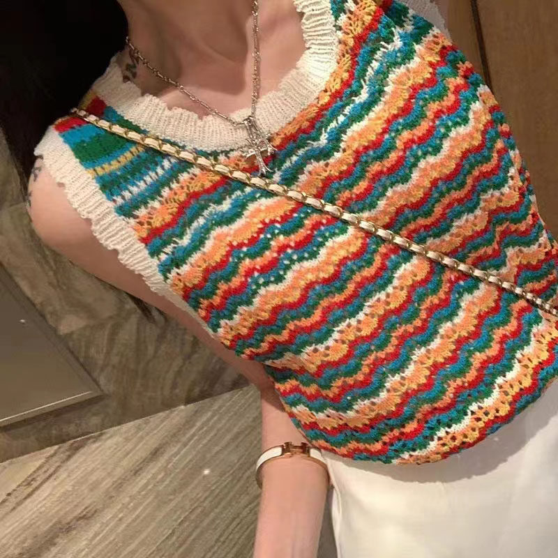 小香风镂空彩虹条纹花边圆领无袖薄款针织吊带背心女修身甜美上衣