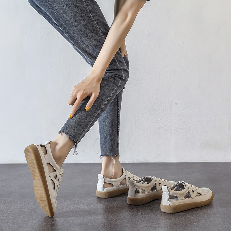 ZASAFRAN FASHION IN SUMMER  COWHIDE BAOTOU COW TENDON SOLE SMALL WHITE SANDALS WOMENS THIN HOLLOW MOVEMENT