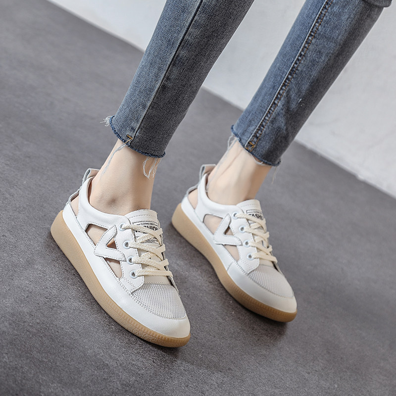ZASAFRAN FASHION IN SUMMER  COWHIDE BAOTOU COW TENDON SOLE SMALL WHITE SANDALS WOMENS THIN HOLLOW MOVEMENT