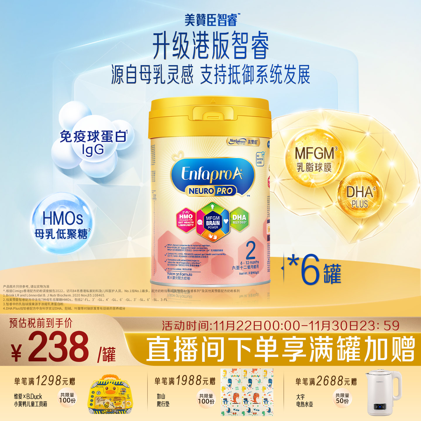 美赞臣港版进口6-12月智睿HMO婴幼儿配方奶粉Neuropro2段900g*6罐