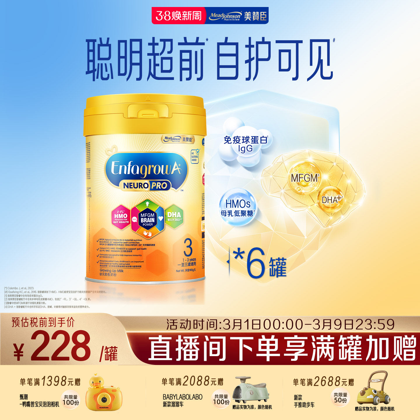 美赞臣港版智睿3段HMO婴幼儿奶粉Neuropro900g*6罐