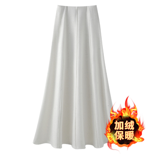 白色亮片毛呢半身裙女2025新款秋冬加绒包臀A字裙中长款大摆伞裙