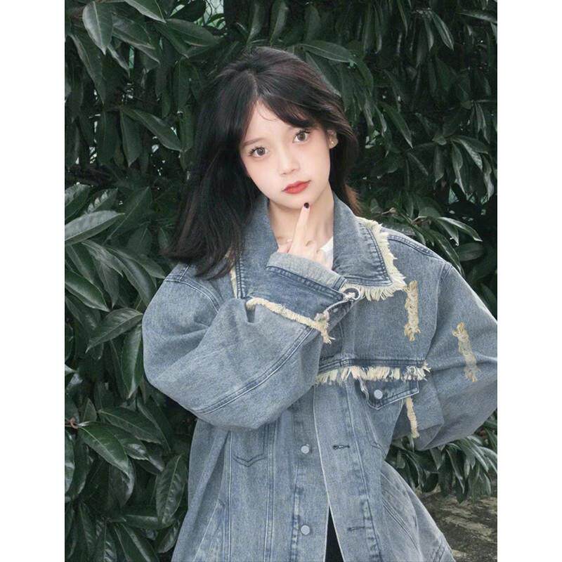 做旧破洞牛仔女春装大码宽松休闲百搭工装潮ins
