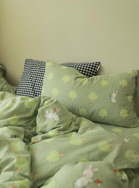 t5lp双层丨绿树小糕兔可爱兔年宿舍馍馍纱小众床单被套床笠1.2米