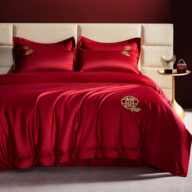 约喜字100S长绒棉婚庆四件套大红色纯棉被套结婚嫁送礼床上用品,床上用品,婚庆床品套件,淘宝优惠券,粉丝福利购,淘宝优惠卷
