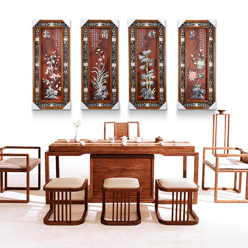 中式沙发背景墙装饰画仿玉雕画客厅餐厅立体浮雕挂画四联画