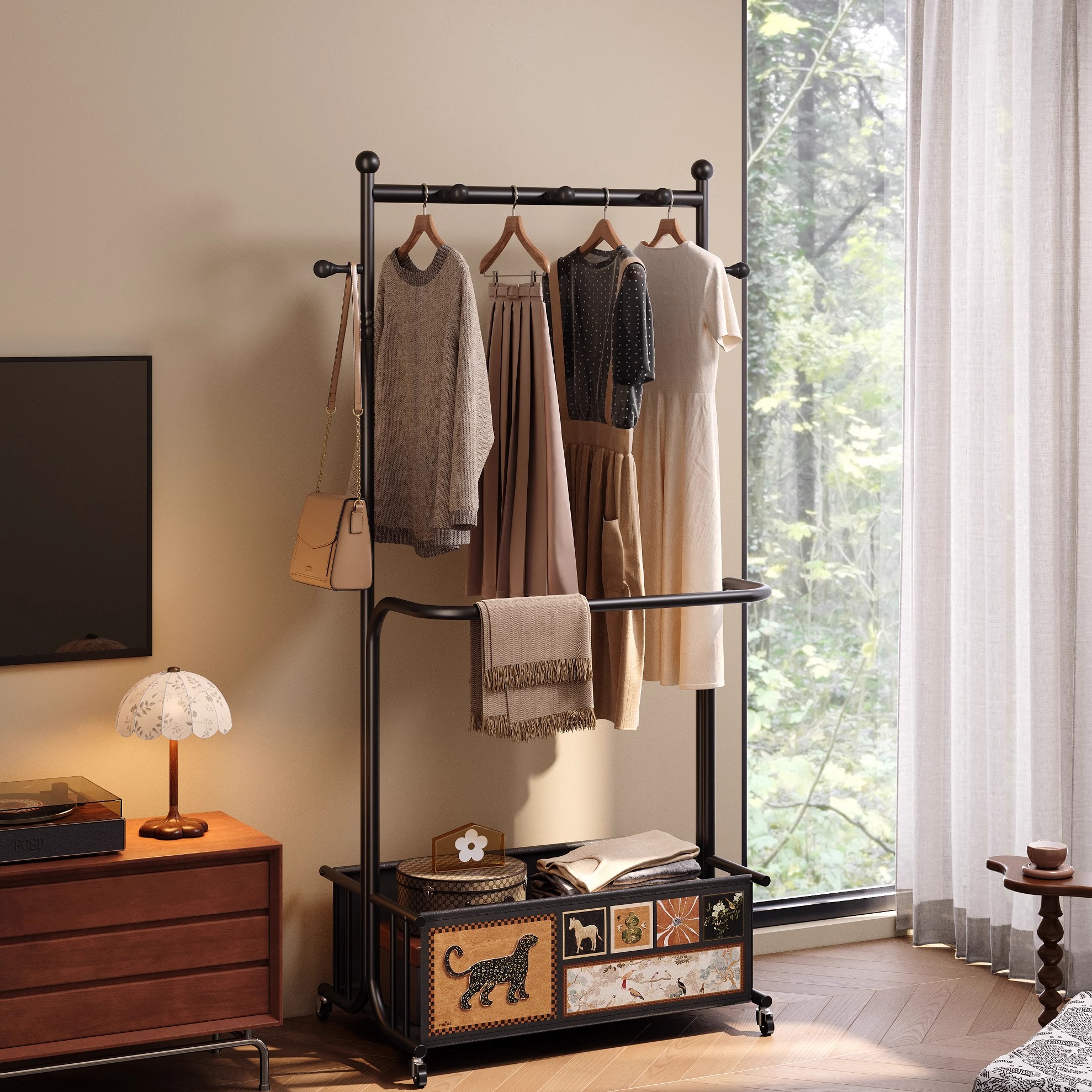美世达落地卧室衣帽架复古衣服置物架客厅铁艺立衣架可移动挂衣架
