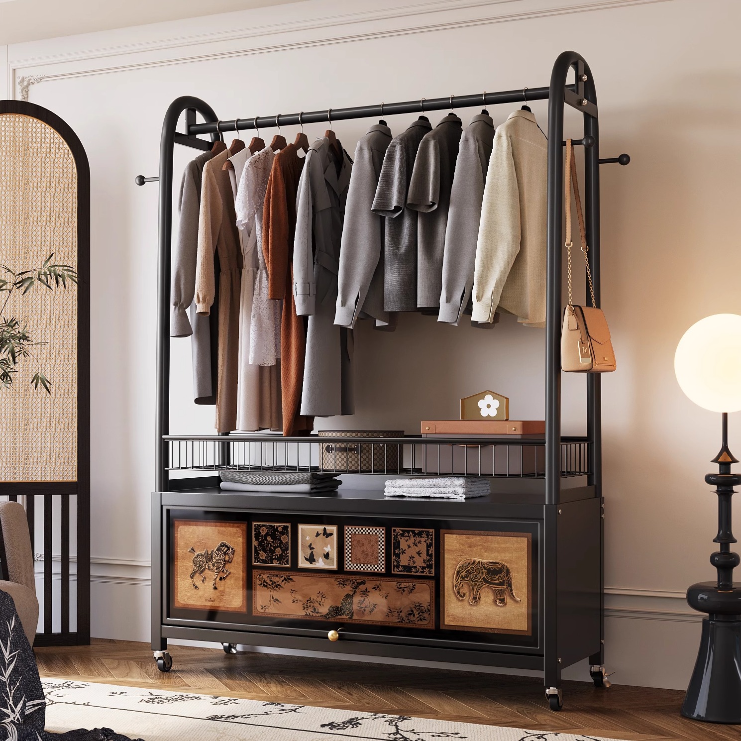 美世达衣架落地家用卧室一体简易可移动入户挂衣置物架衣帽架