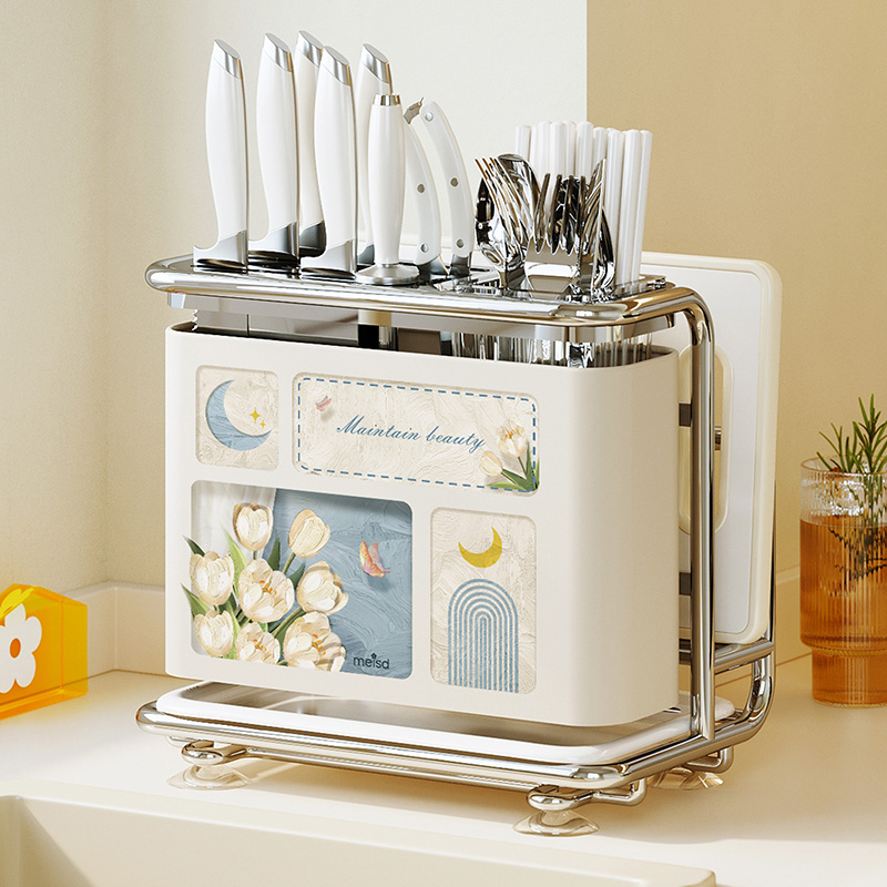 美世达刀架置物架新款多功能厨房刀具收纳架壁挂筷子笼菜板架一体