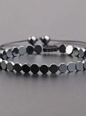 几何创意爱心黑胆石手工编织手链 个性可调节磁石手串可定制款式