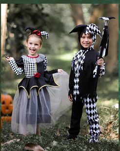 儿童万圣节服装 舞会男童狂欢派对cosplay演出 女童小丑格子裙化装