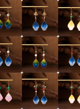 手工娘热销款新中式非遗掐丝线绒花金色耳环复古旗袍925银针