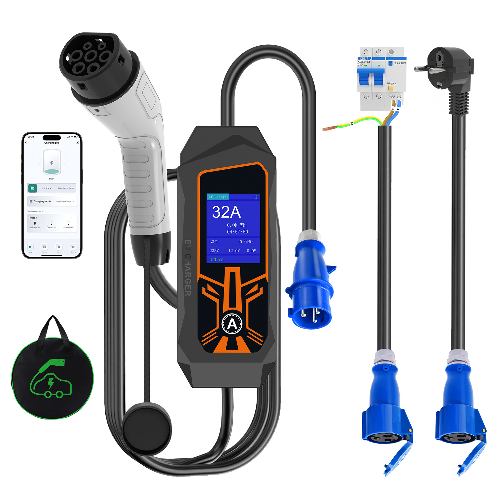 Type 2 欧标随车充7KW可设置语言便携式充电枪家用32A