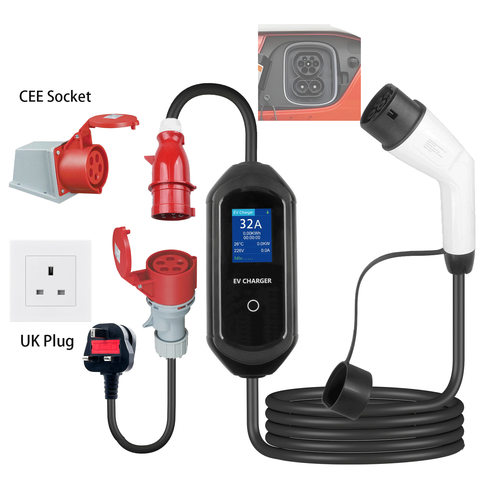 欧标Type2便携式充电枪套装22KW可调节电流11KW可预约充电器7KW