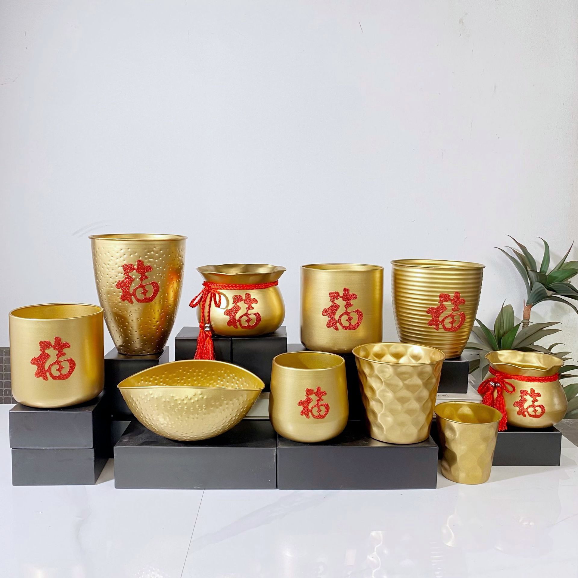 乔迁花瓶开业新年插花玄关装饰摆件轻奢铁艺福桶金色电镀婚礼家居