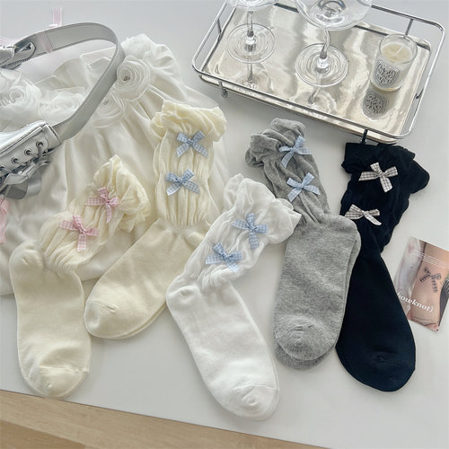 miu系少女风袜子女春秋款中筒袜纯棉ins潮日系芭蕾风蝴蝶结堆堆袜