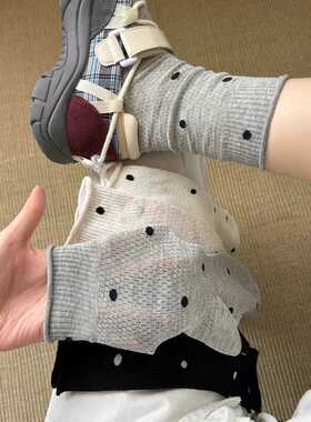 灰色堆堆袜子女夏季薄款透气纯棉波点中筒袜配凉鞋芭蕾风长袜夏天