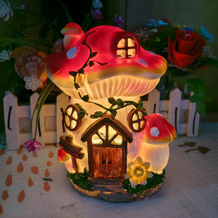 饰LED小夜灯童话氛围创意摆件树屋灯 太阳能蘑菇屋户外庭院花园装