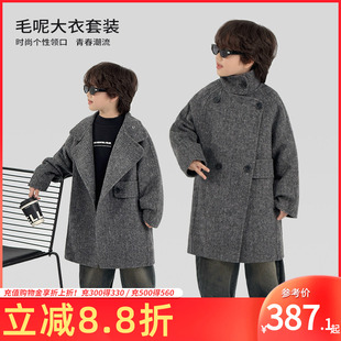加厚双排扣外套中大童韩版 洋气 男孩冬季 男童毛呢大衣2026新中长款
