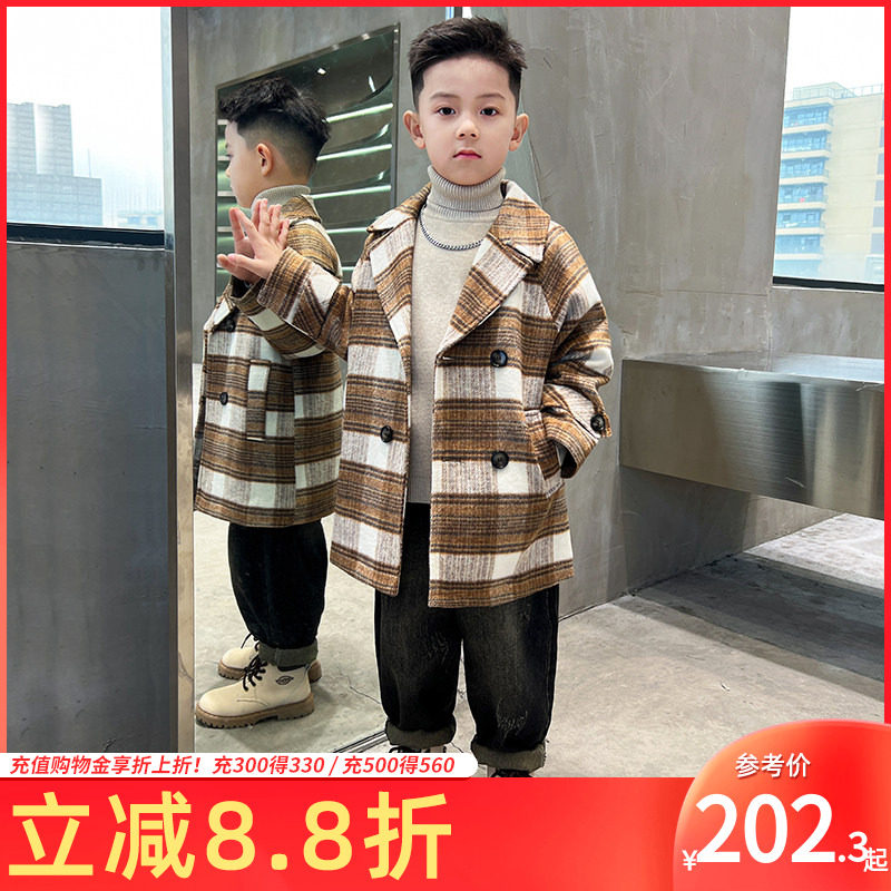 男童冬装呢子外套西装毛呢大衣牛仔裤套装2026儿童中长款中大童潮