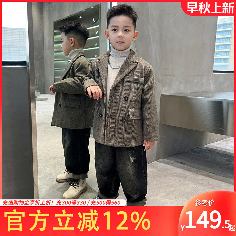 男童冬装外套西装毛呢大衣牛仔裤套装2026儿童中长款夹棉中大童潮