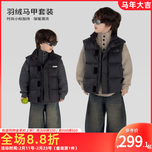 男童冬季套装90白鸭绒马甲高领毛衣加绒牛仔裤儿童保暖三件套潮