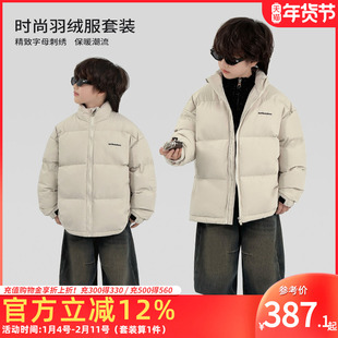 童装男童冬季套装90白鸭绒羽绒服半高领毛衣加绒牛仔弯刀裤三件套