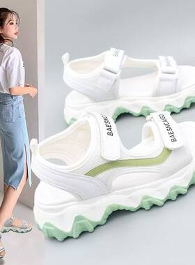 运动老爹凉鞋女新款2026年夏季百搭网红厚底松糕底叠穿罗马体闲鞋