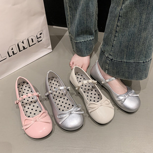 配裙子珍珠玛丽珍女鞋 夏季 女2025新款 圆头银色小香风浅口平底单鞋