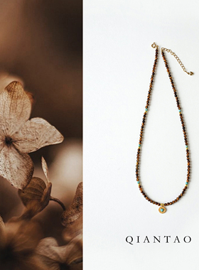 QIANTAO「暮色」原创复古天然虎眼石项链绿松石高级感锁骨链女生