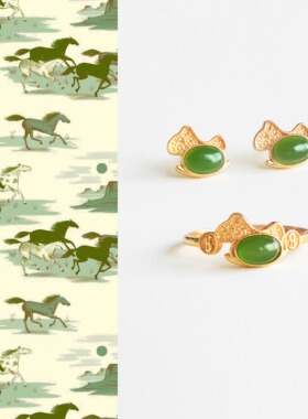 QIANTAO「马上有钱」碧玉耳钉戒指女纯银和田玉耳饰玉石耳环礼物