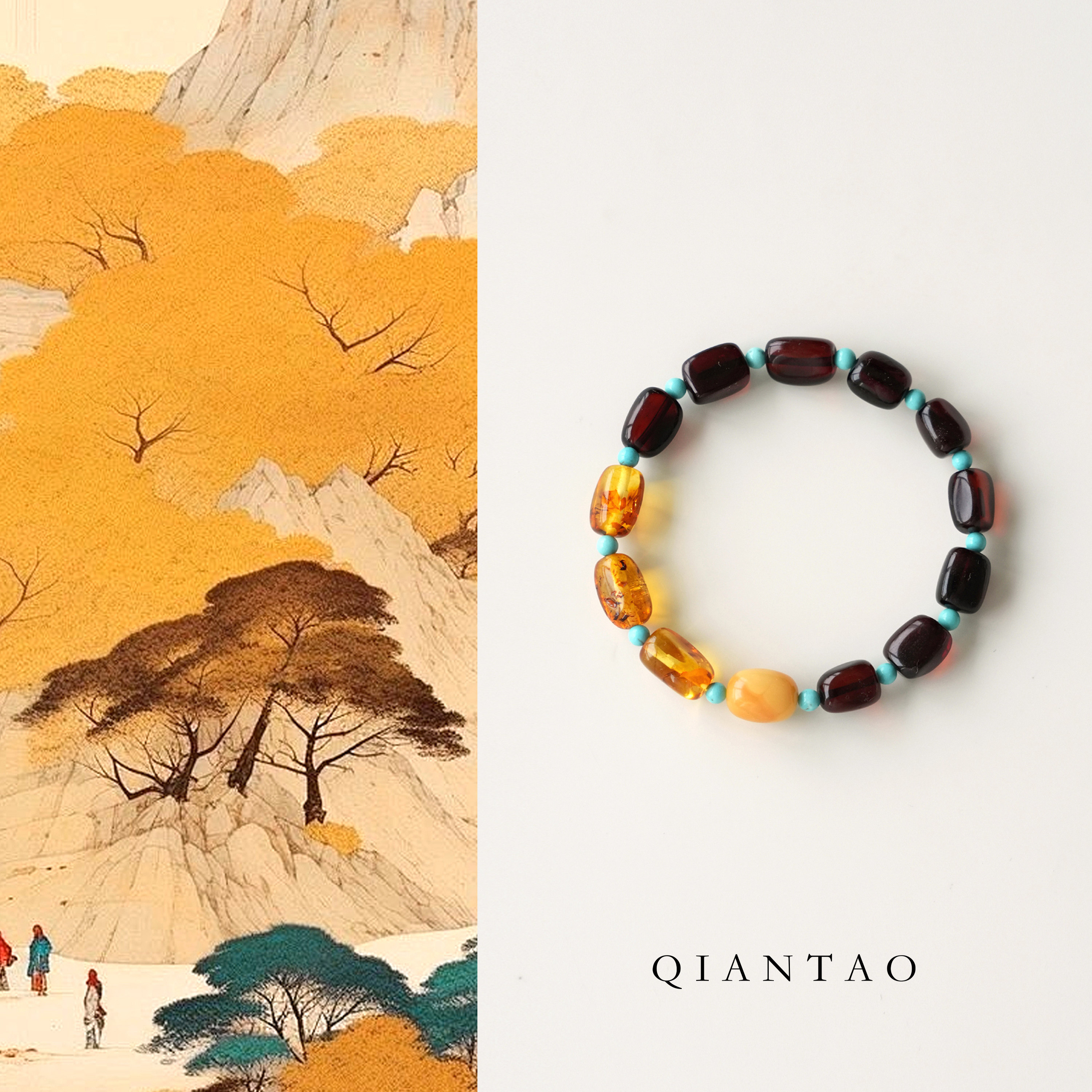 QIANTAO「木犀」原创中式天然琥珀血珀绿松蜜蜡手串多宝手链礼物