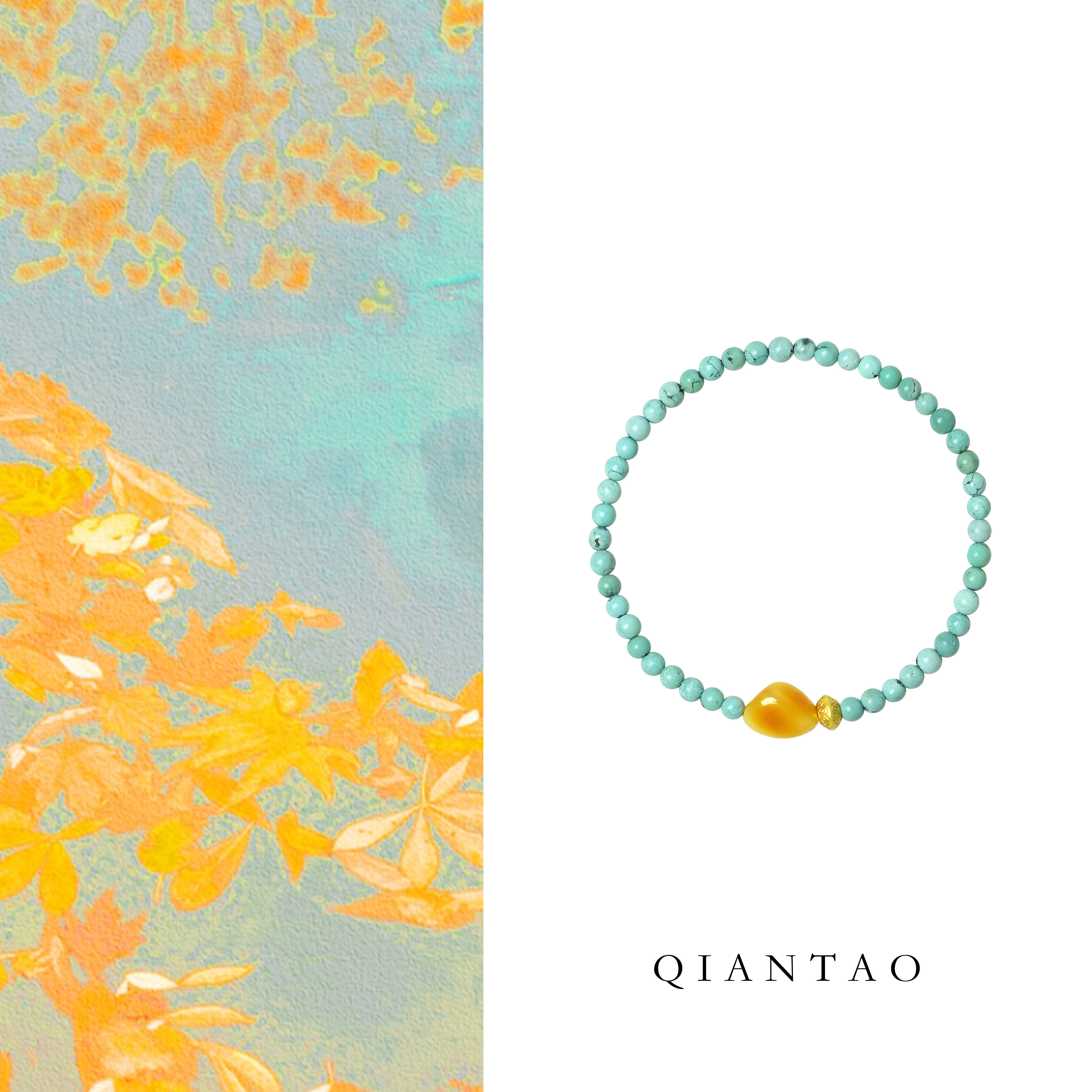 QIANTAO「柠安」原创天然原矿绿松石招财手链蜜蜡多宝手串礼物