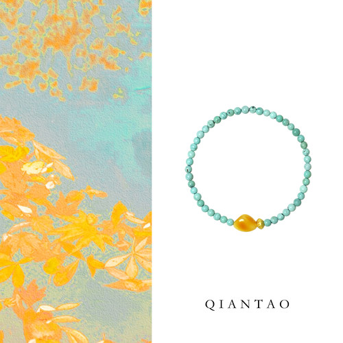 QIANTAO「柠安」原创天然原矿绿松石招财手链蜜蜡多宝手串礼物