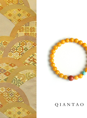 QIANTAO「月桂」原创天然鸡油黄蜜蜡招财手链绿松石多宝手串礼物
