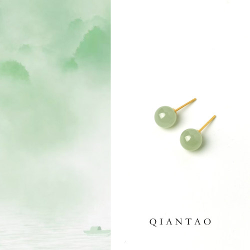 QIANTAO天然和田玉耳钉银度18k金耳晴水和田玉绿色耳环生日礼物