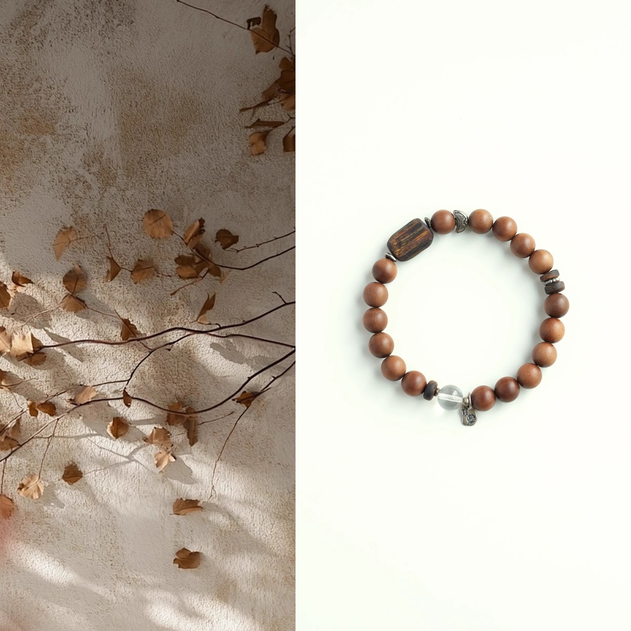 QIANTAO「一砚梨花」原创新中式天然老山檀木沉香银手串情侣礼物