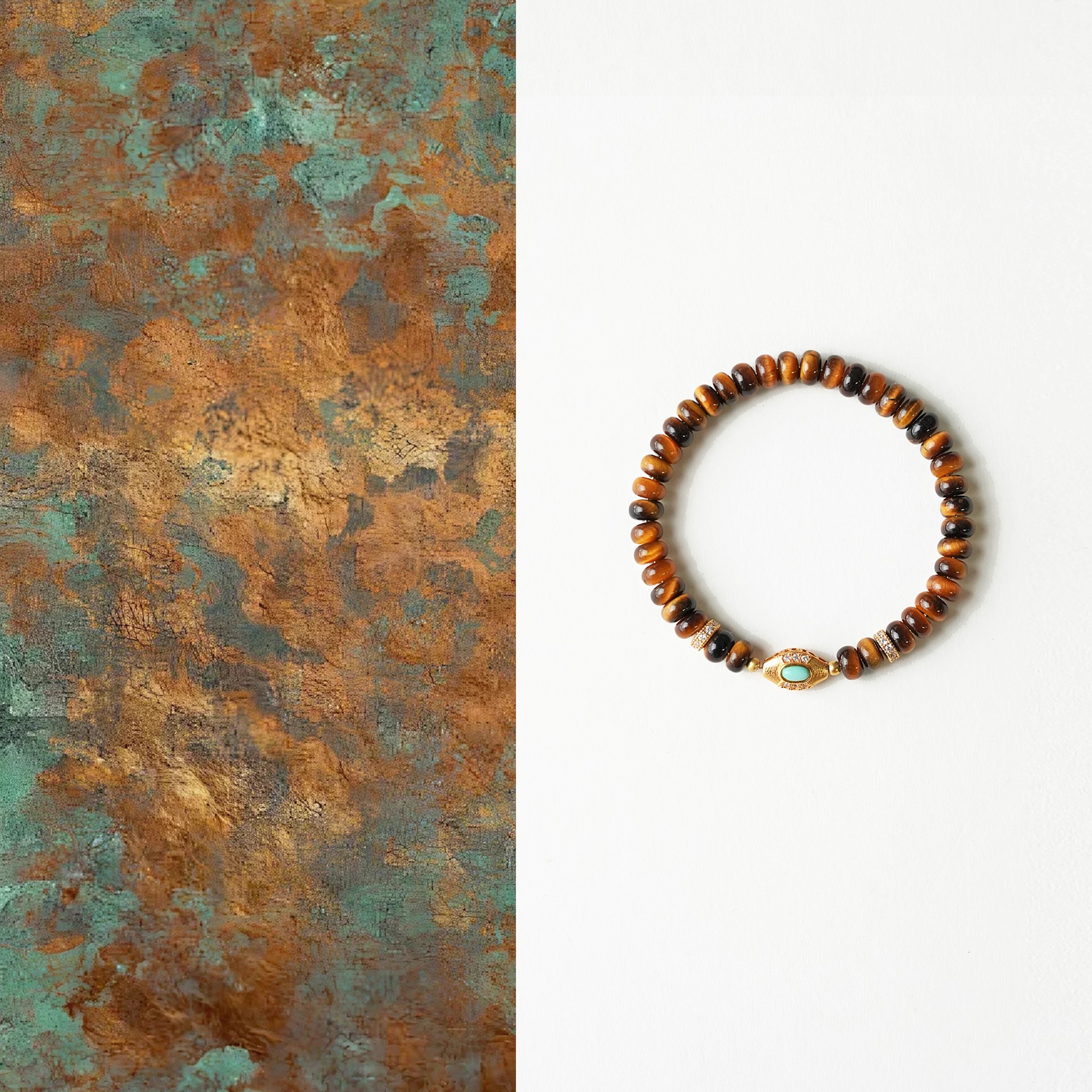 QIANTAO「年轮」原创天然虎眼石手链情侣绿松石水晶招财手串礼物