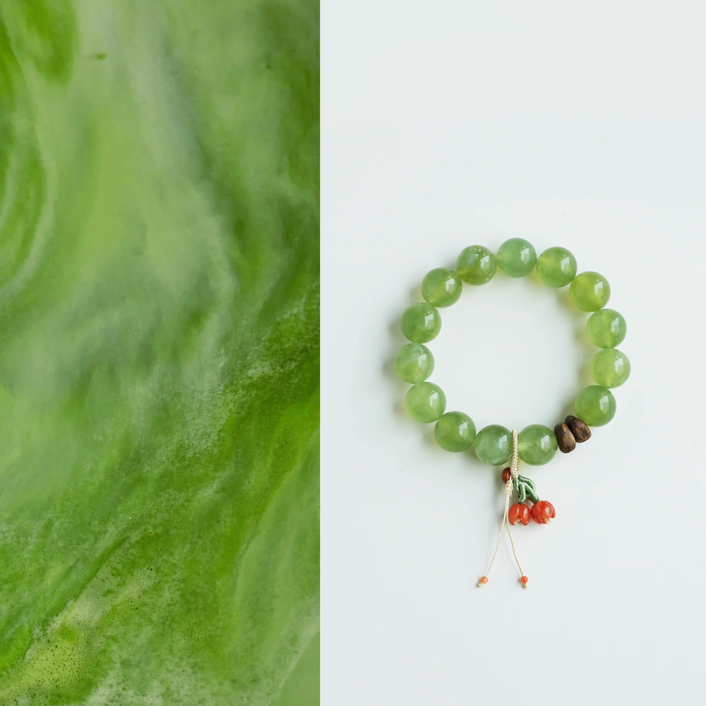 QIANTAO「淡竹」原创中式天然岫玉手串沉香南红吊坠女生手链礼物