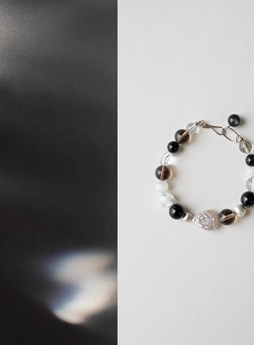 QIANTAO「松雪」原创天然多宝珍珠茶晶黑曜石水晶手串银手链礼物