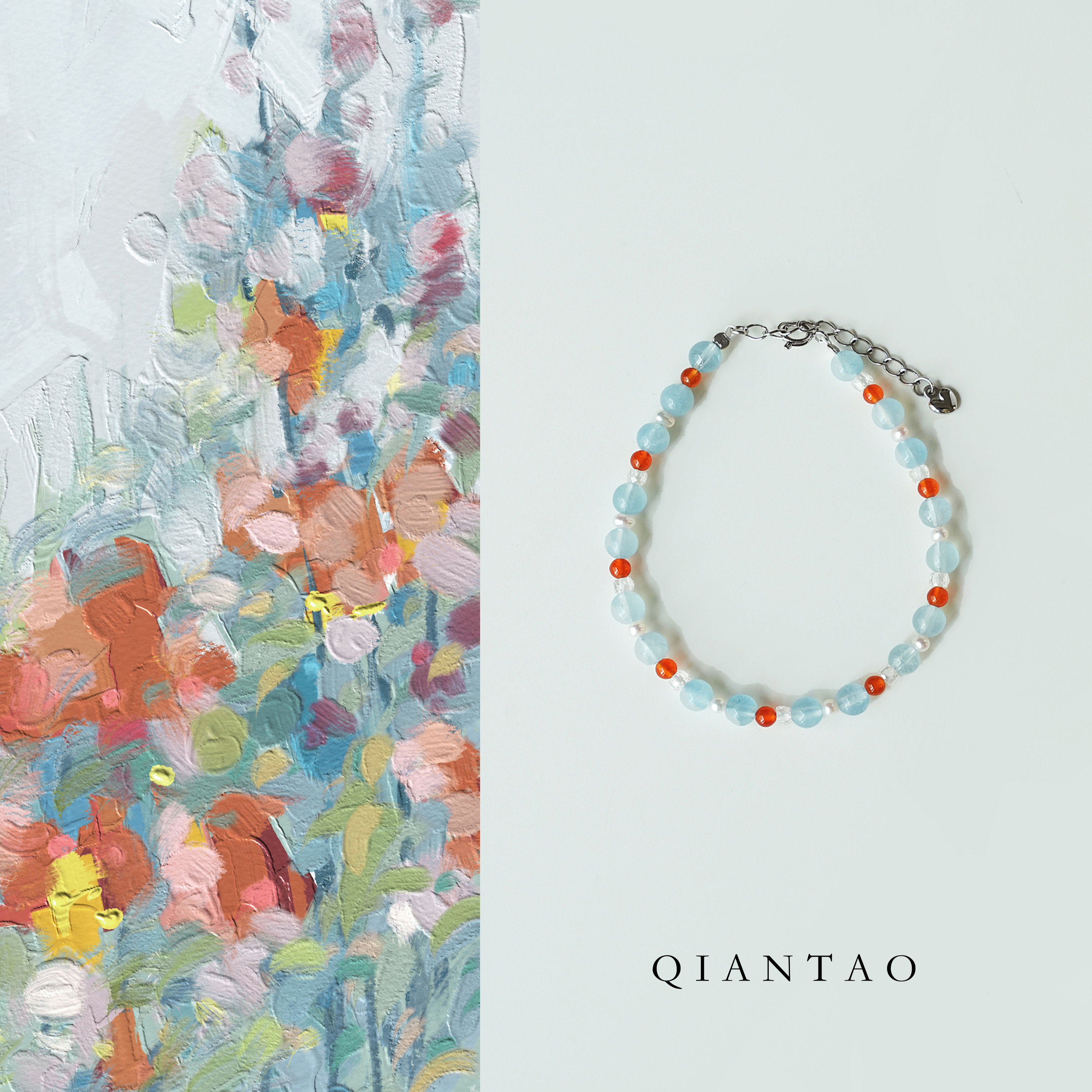 QIANTAO「归舟」原创天然海蓝宝手链淡水珍珠红玛瑙女生百搭礼物