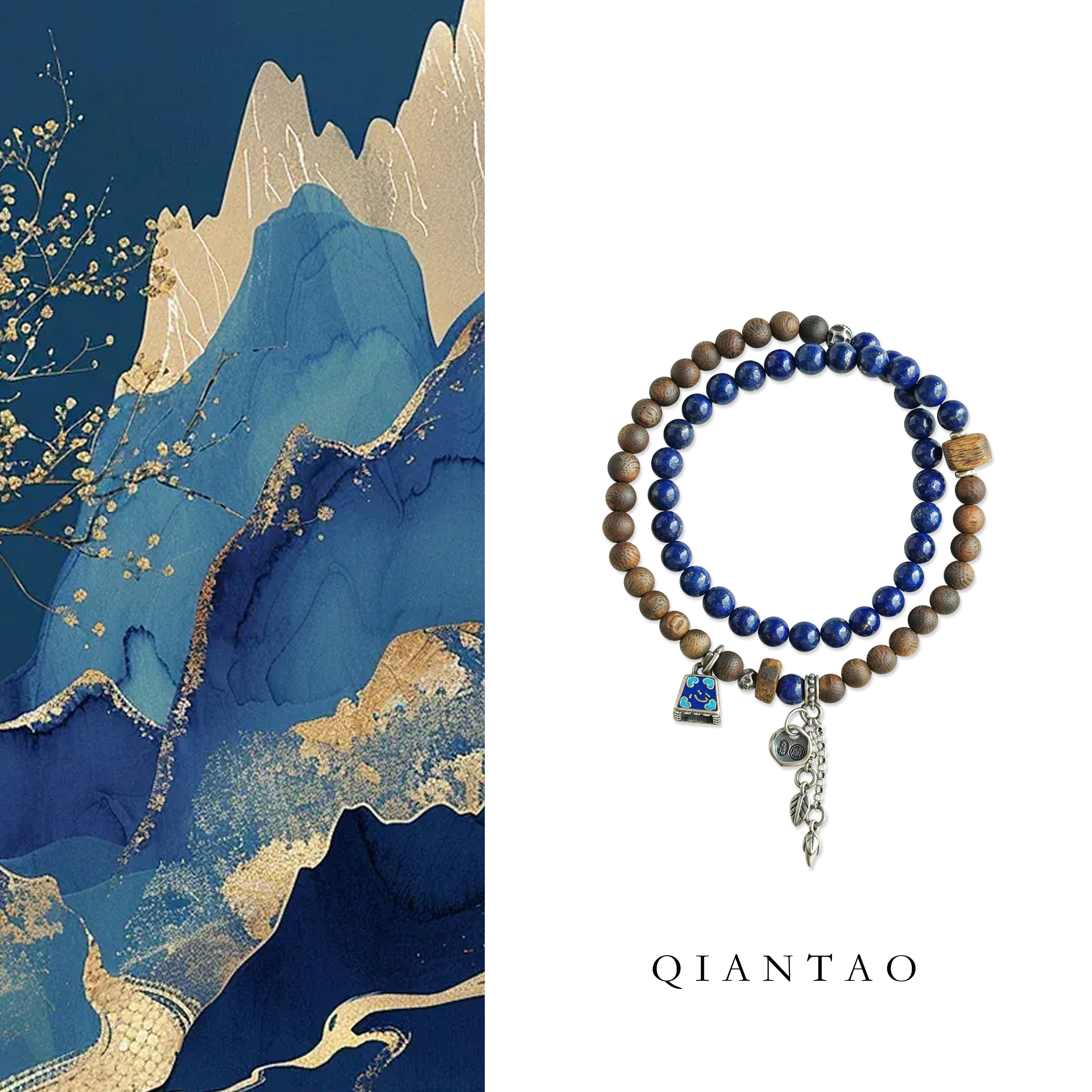 QIANTAO「称心」原创天然青金石奇楠沉香手串925银多圈手链礼物