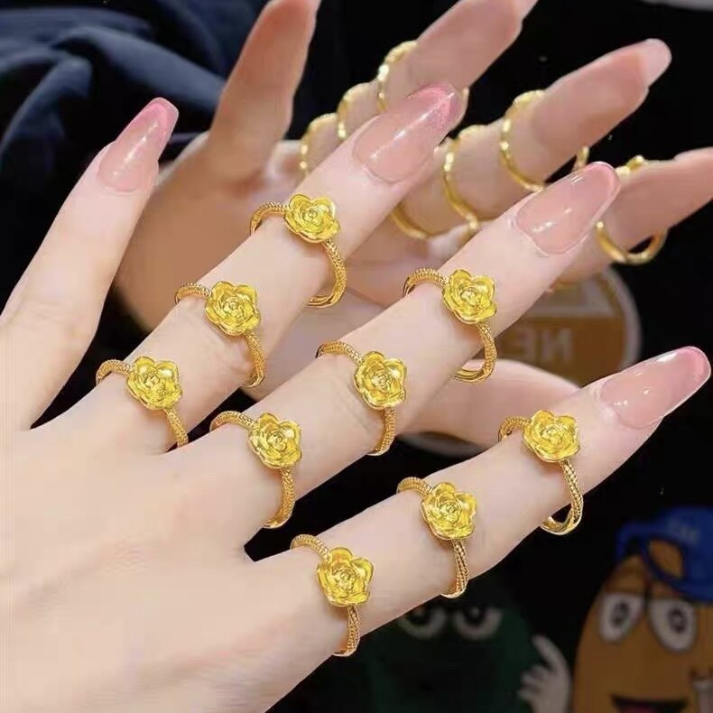 沙金玫瑰戒指女款可调节镀仿真黄金色小众高级感花朵指环节日礼物