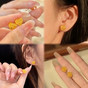 沙金拉丝小方糖耳钉女款仿真镀黄金色轻奢高级感气质大气耳环耳饰