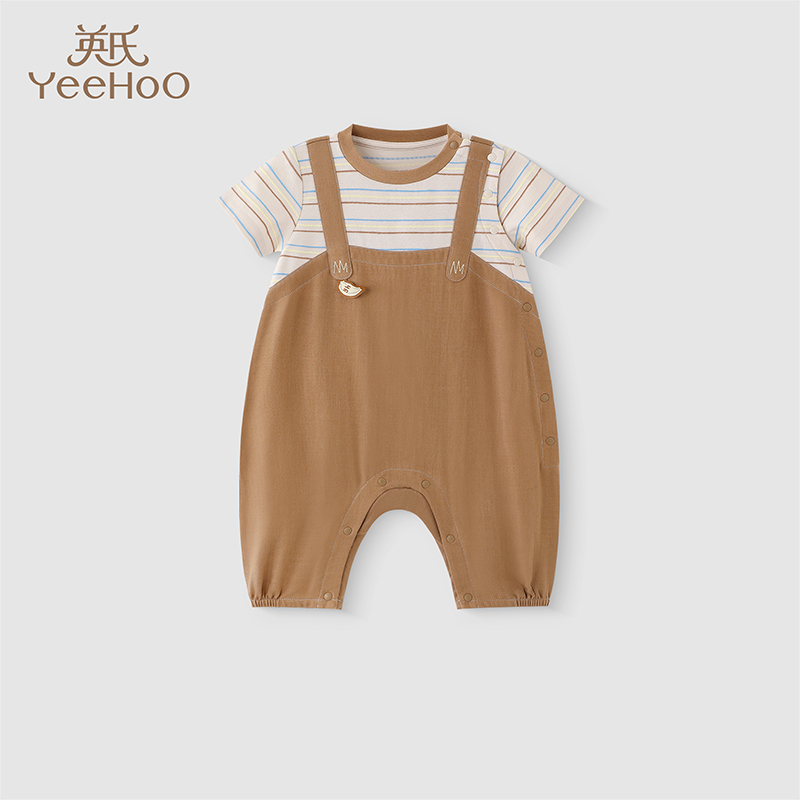 英氏婴儿哈衣2025新款夏季男宝假两件短袖连体爬服YRHBJ2R018A