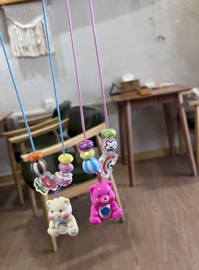 少女心彩虹熊蜡绳荧光粉色项链