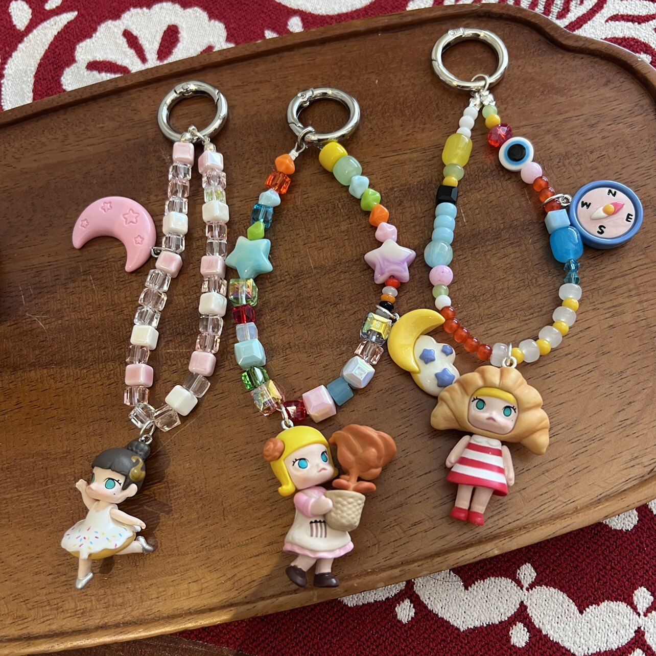 bling水晶串珠可爱泡泡玛特茉莉牛角包娃娃手机链包挂钥匙扣挂链